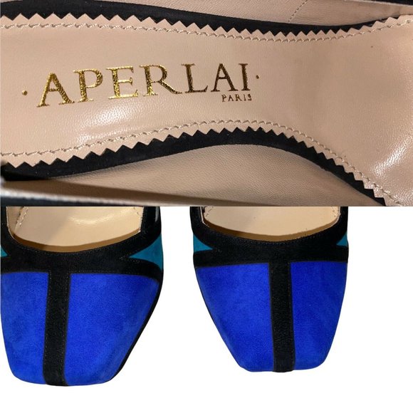 New Aperlai Geisha Mondrian Blue Suede Platform Heels Pumps Sz 38.5 Designer - Picture 9 of 13